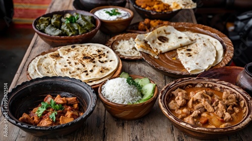 Assortment Of Indian Dishes On Wooden Table