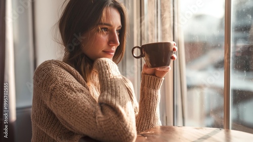 Woman Drinking Coffee By Window Sunlight
