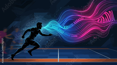 Kabaddi sports vector illustration, professional raider athlete silhouette on court, neon light trails with Kabaddi text, dynamic athletic competition