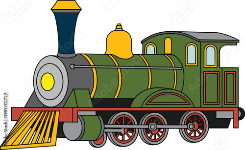 Vintage steam locomotive, classic railway engine, antique train design, retro transport artwork, colorful mechanical wheels, nostalgic railway scene, historic locomotive illustration