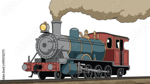 Vintage steam locomotive, classic railway engine, antique train design, retro transport artwork, mechanical wheels illustration, nostalgic railway scene, historic locomotive