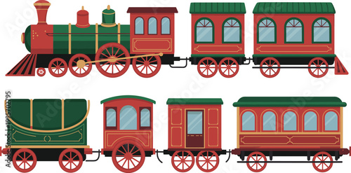 Vintage steam train, classic locomotive, antique railway cars, retro transport illustration, decorative passenger design, nostalgic railway artwork, holiday theme, old fashioned