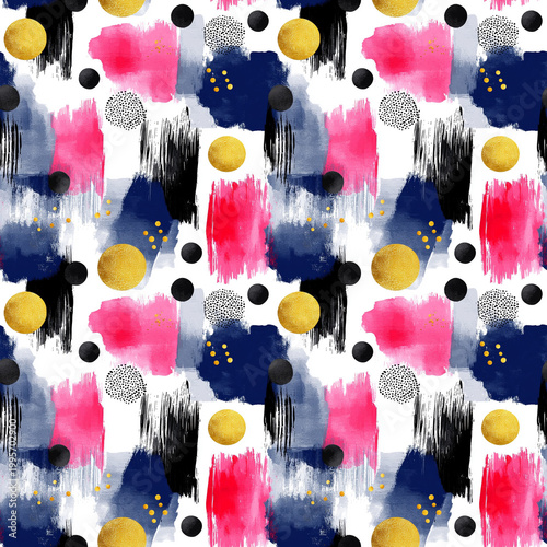 Artistic Abstract Pattern: A vibrant artistic abstract pattern of multicolored watercolor brushstrokes, adorned with spots and circles. The illustration combines a blend of colors and shapes.