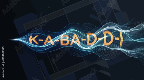 Kabaddi sports background with golden typography, dynamic energy smoke trails on dark court, professional athletic competition vector illustration