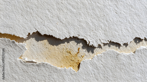 A close-up view of a damaged wall with peeling paint showing brown surface underneath.