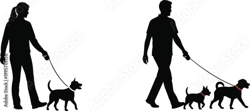 People walking dogs silhouettes isolated on white background showing pet ownership, daily routine, companionship and outdoor activity lifestyle concept