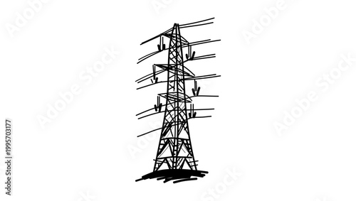 High-voltage HV pylons , black isolated silhouette