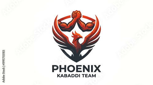 Phoenix Kabaddi Team logo vector, red mythical bird mascot with muscular arm wrestling hands, competitive sports shield emblem for gaming and athletics