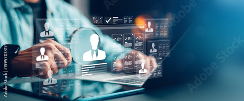 Quadro su tela Human resources and recruitment technology concept with digital resume profiles