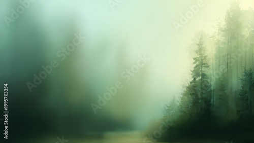 A serene forest landscape with trees standing near a body of water on a foggy day