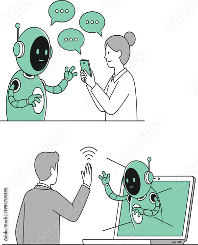 Artificial Intelligence Chatbot Interaction Illustration Set featuring Human and Robot Communication, Digital Assistant Support, Online Customer Service, Virtual Reality Technology, and Modern Automa