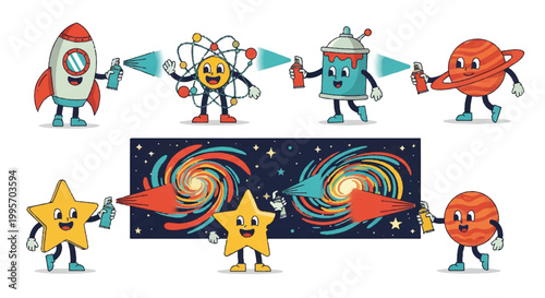 Cartoon characters spraying illustrations science space and creativity