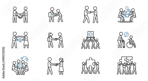 Stick figure illustrations of teamwork and communication.