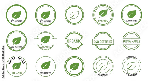 Collection of eco friendly certification labels.