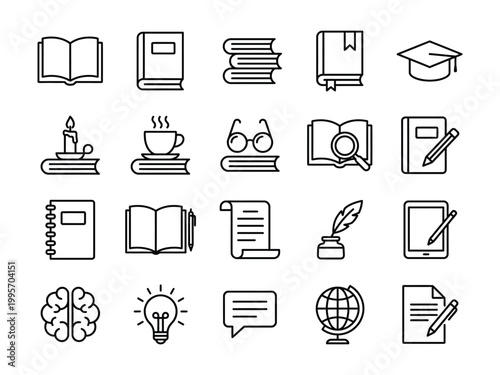 Education and learning icons set with education learning knowledge university research graduation lightbulb document certificate illustration collection information creativity academia