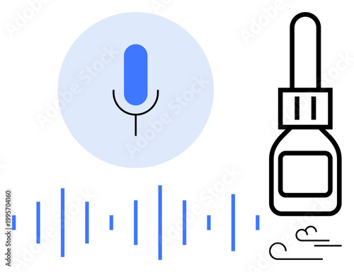 Communication tools, healthcare, technology, medical treatment, audio design, sound effects. A microphone, sound waves and nasal spray icon. Communication tools and healthcare progress in modern