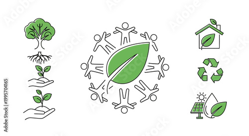 Environmental icons and people working together.