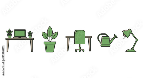 Office plants and furniture icons.