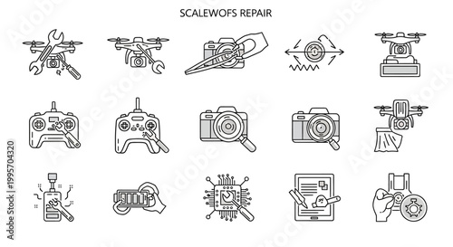 Drone repair and maintenance icons set.