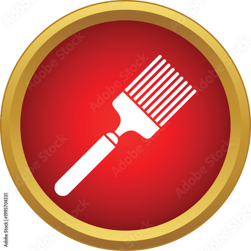 White basting brush kitchen utensil icon on a red circular button with gold border