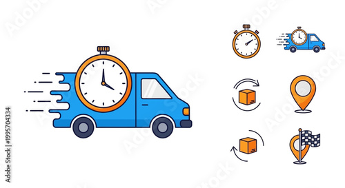 Delivery truck speeding with clock and icons.