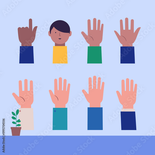 다양한 피부색과 인종의 사람들이 손을 들고 질문하거나 참여 의사를 표현하는 일러스트