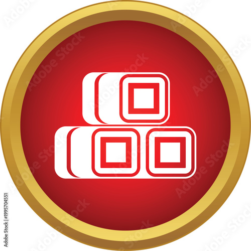 Icon showing neatly stacked hay bales on red round button