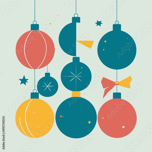 밝은 색상과 단순한 디자인의 크리스마스 오너먼트들이 매달려 있는 현대적인 일러스트레이션으로, 즐거운 연말연시 분위기를 표현합니다.