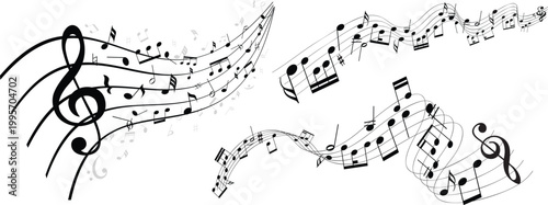 Flowing Music Notes Wave Vector, Abstract Musical Staff with Flying Symbols for Creative Backgrounds