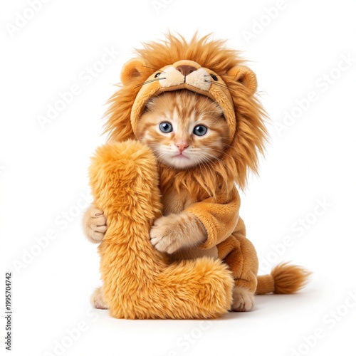 little cute kitten with orange lion costume holding fluffy L letter