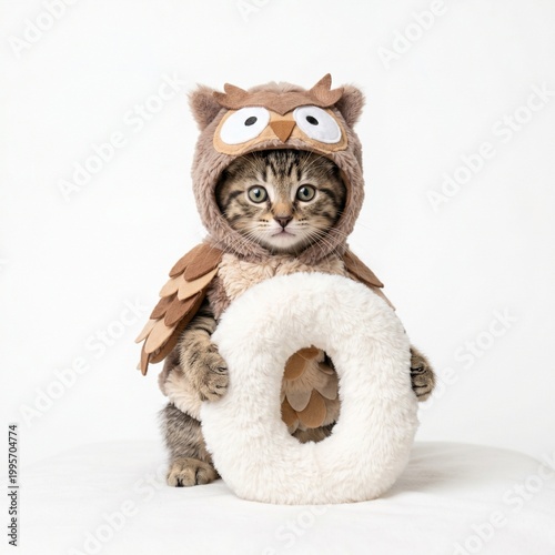 little cute kitten with owl costume holding fluffy white O letter