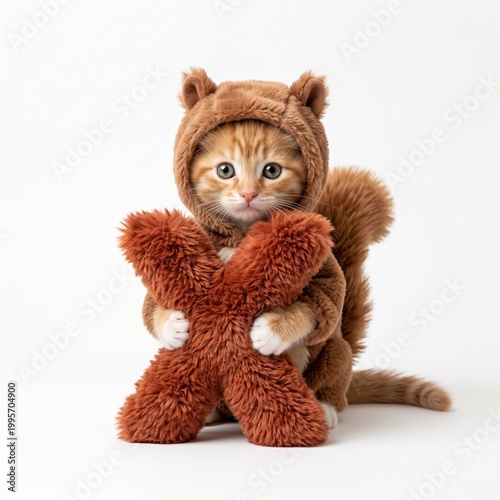 little cute kitten with brown squirrel costume holding fluffy X letter