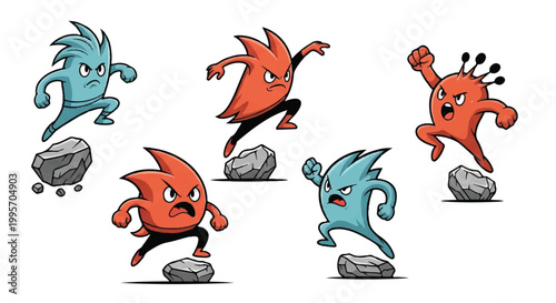 Cartoon characters with rocks isolated on white background