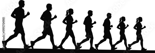 Running people silhouettes in sequence isolated on white background representing fitness activity, jogging routine, healthy lifestyle and dynamic human movement concept