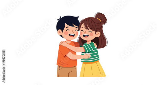 Two happy cartoon children embracing each other warmly with big smiles on their faces, showing affection.