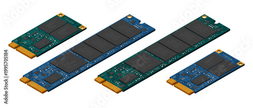 Set of isometric solid state drive. Drive ssd storage illustration. SSD M.2 illustration. Computer hardware components. Vector illustration