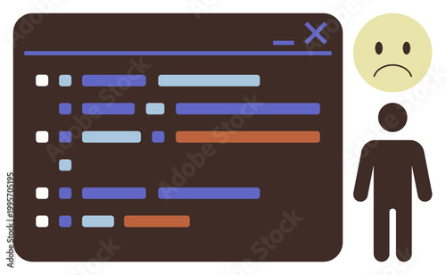 Software development, error handling, debugging, user frustration, coding challenges, technology issues. A person next to a programming interface with lines of code and a sad emotion. Debugging