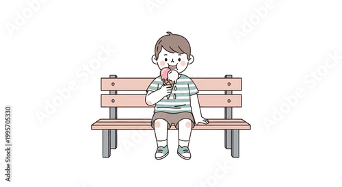 Boy sitting on bench eating ice cream.