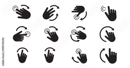 Set of black hand gesture icons for touch screen controls, including rotate and multi-touch