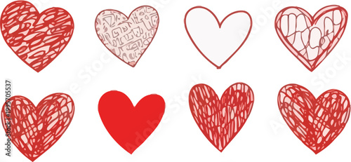 Collection of hand drawn hearts in various styles and shades of red