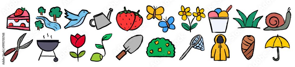 Fototapeta premium Garden nature icons crayon wax doodle style, rough textured hand drawn, spring backyard symbols, summer outdoor elements, plant life set, gardening hobby kit