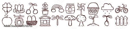Nature garden doodle hand drawn, spring outdoors icons collection, scrapbook sticker set elements, rainbow cherry mushroom dragonfly bicycle basket clover tree