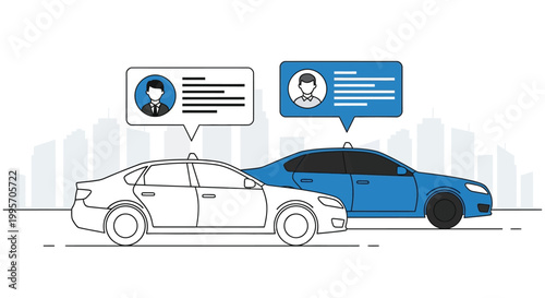 Two cars are shown side by side with speech bubbles containing passenger information above them.