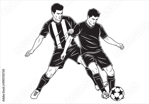 Two male athletes competing for a soccer ball during a sports match vector design illustration