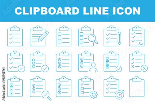 Task Management and To Do List Line Icons for Workflow and Planning. Collection of clipboard icons featuring checklists ticks and crosses. clipboards with checklist and tick mark boxes indicating task