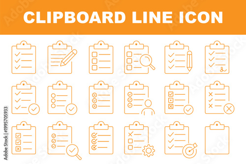 Task Management and To Do List Line Icons for Workflow and Planning. Collection of clipboard icons featuring checklists ticks and crosses. clipboards with checklist and tick mark boxes indicating task