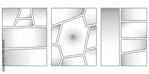 Comic book page layout template with various empty frames and panels for graphic storytelling