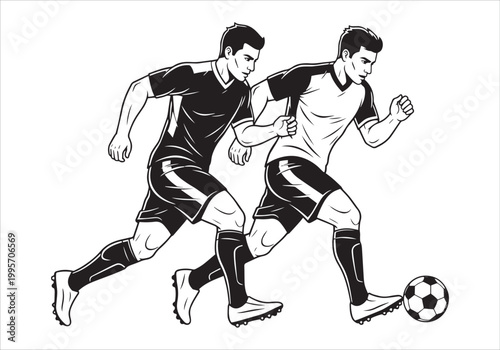 Two male football players in action during a match, one in a dark jersey and the other in a light jersey, chasing after a soccer ball on a white background, monochrome vector design illustration