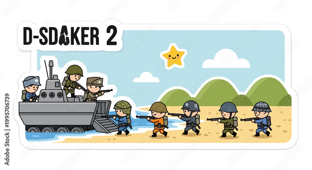 Fototapeta premium Cartoon Soldiers Marching on Beach with Military Boat and Star.