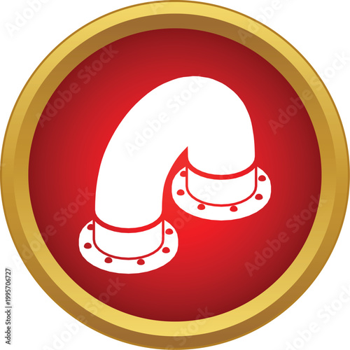 White industrial bent pipe fitting with flanges on a circular red icon